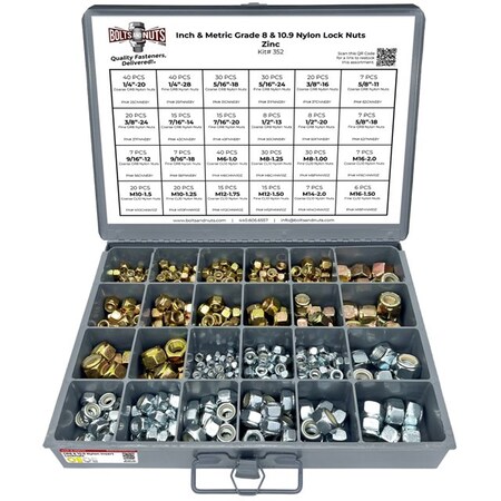 Boltsandnuts.Com Inch & Metric Grade 8 & Class 10 Nylon Hex Lock Nuts Zinc - 445 PCS Assortment Kit #352